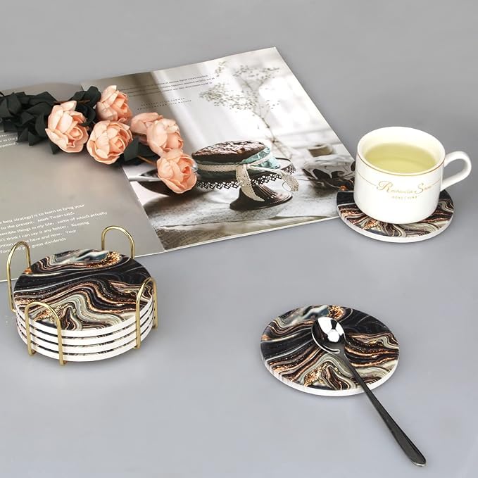 Image of 6 Pcs Black and Gold Wood Coasters with Holder Best Round Absorbent Coasters for Drinks, Coffee, Beer, Table Marble Personalized Coaster Sets