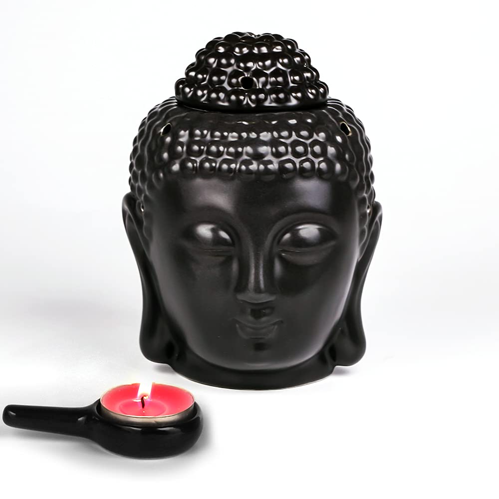 Evergd Black Set Of 2 Buddha Head Statue Essential Furnace Oil Candle Burners Ceramic Aromatherapy Diffusers For Yoga Spa Pilates Meditation Room Home Decor Gift (Black)