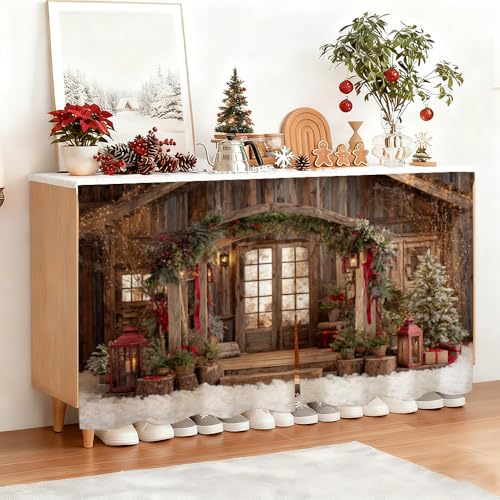 Image of Self Adhesive Cabinet Curtain for Mother's Day, 39x28 Inch Rustic Wood Cabin Under Sink Skirt No Drill, Spring Cleaning Kitchen Decor, Hook and Loop Laundry Shelf Valance, Fabric Panel