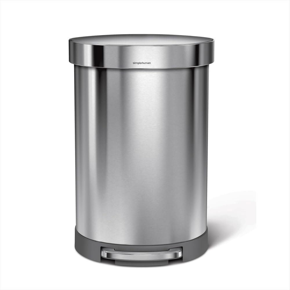 60 Liter Semi-Round Hands-Free Kitchen Step Stainless Steel Trash Can with Soft-Close Lid, Brushed