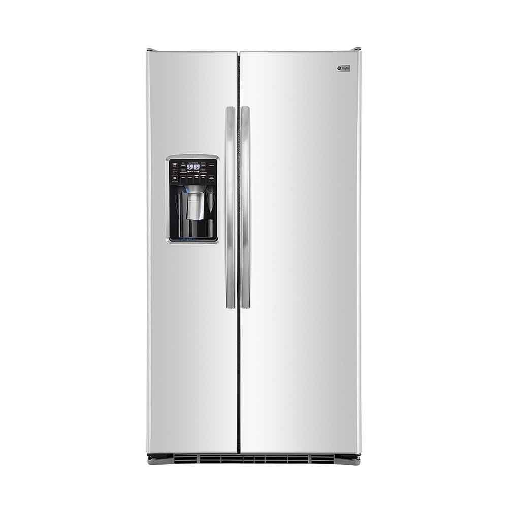 GE Profile PSMS6PGGCSS Side-by-Side Refrigerator with doors open, showing organized interior shelves and compartments.