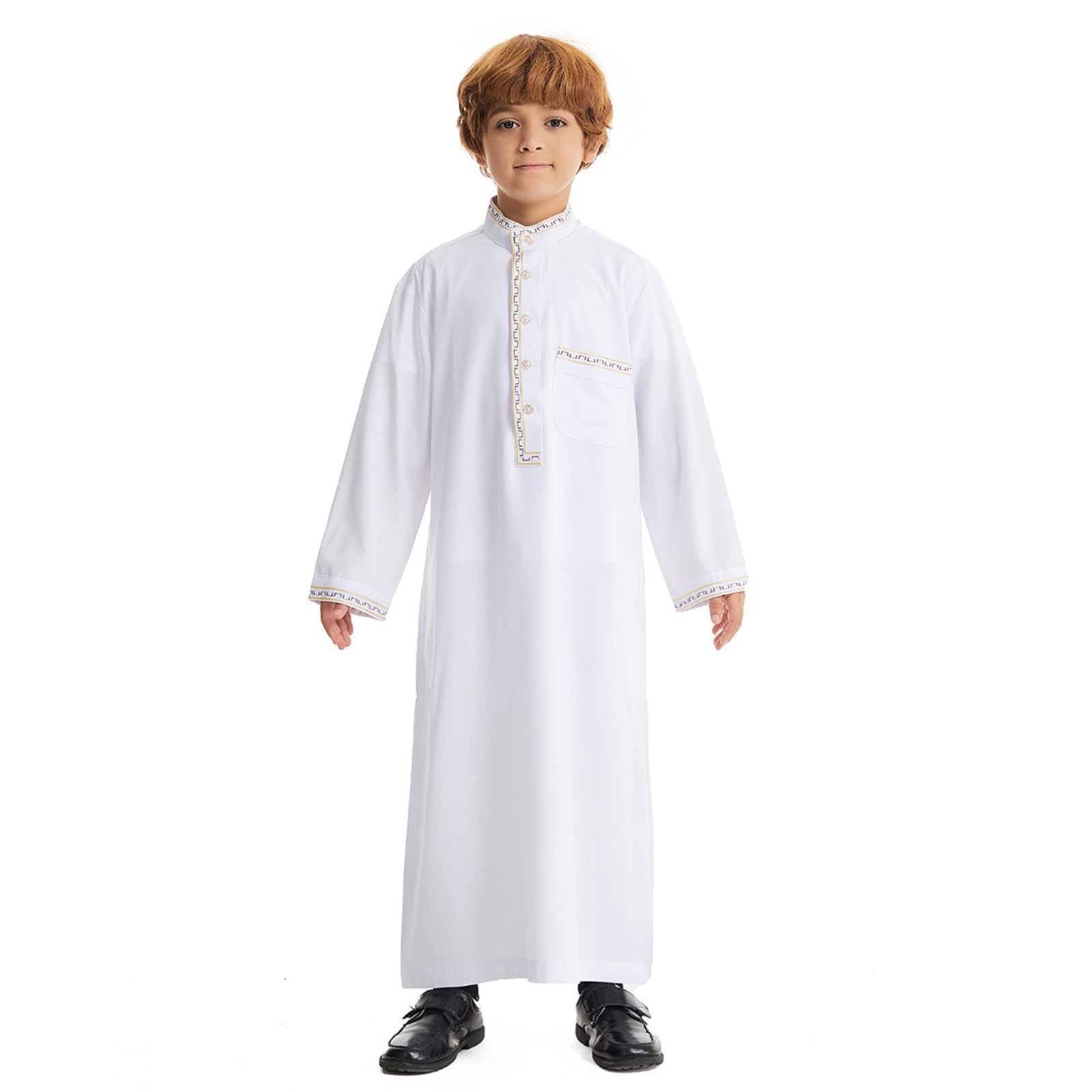 Eid ubrania dla chłopców biała Thobe muzułmańska szata z długim rękawem zapinana na guziki chłopcy Jubba z kieszeniami kaftan haftowana odzież narodowa Abaya dla dzieci na prezenty Eid i piątkowe