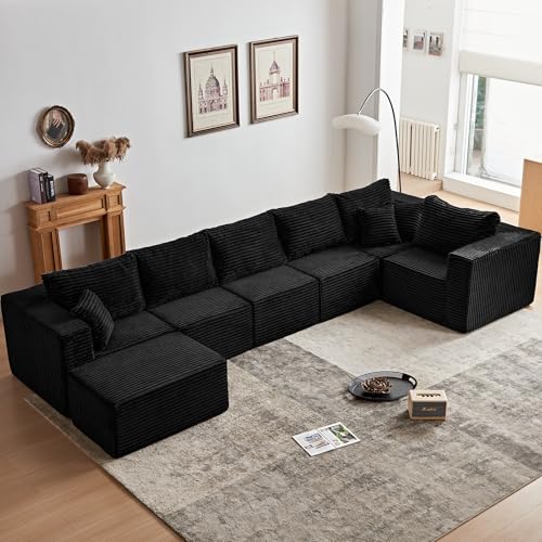 MODNEST 156' Boneless Couch Modular Sectional Sofa Cloud Couch Sectional Couches for Living Room, 7 Seater U Shaped Couches with Ottoman No Assembly Required, Black