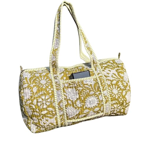 Large green Cotton Quilted Duffle Bags Block Print Gifts Handmade Colorful Travel Night Travel Gym Yoga Luggage Pocket 18X9X9 inches