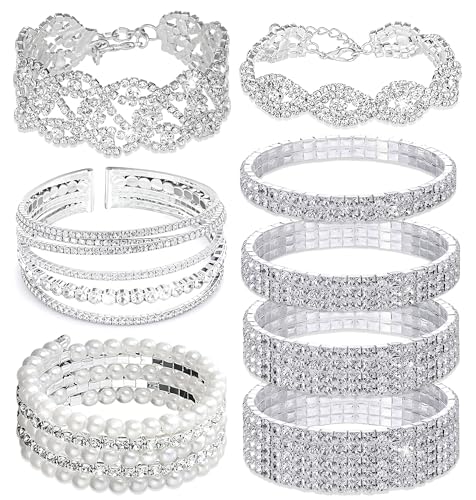 Vieyomn 8Pcs Rhinestone Stretch Cuff Bracelet for Women Cubic Zirconia Tennis Stretch Bracelet Bangle Bling Crystal Bracelet Slivery Sparkly Bridal Wedding Jewelry Bracelet Set