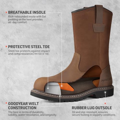 Image of HISEA NINGO Steel Toe Work Boots for Men, Waterproof Wellington Boots | Full-Grain Leather Steel Toe Boots Slip-on, Goodyear Welt, Slip Resistant, EH Protection, for Construction Farming Welding