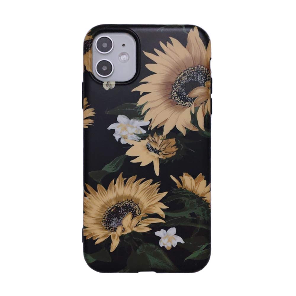 MADINCN Compatible with iPhone 11 Soft Floral Case, 3D Sunflower Pattern Black Shell Design, Rugged Slim fit Shock-Absorbing Soft Rubber TPU Skin Cover Case for Apple iPhone 11 6.1 Inch