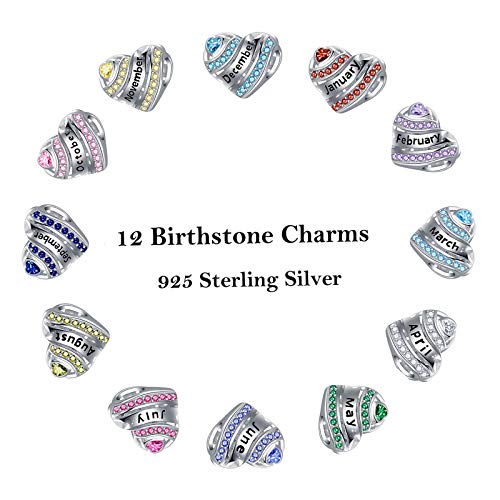 Birthstone Heart Charms for Charms Bracelet-925 Sterling Silver Love Heart Bead Charms for Bracelets and Necklaces, Birthday Gifts for Women.2