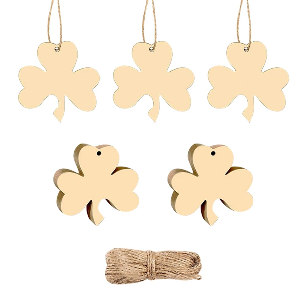 Hugede Green 30 Pcs Unfinished Wooden Shamrock Cutouts Crafts Party Cutouts Tags Hanging Ornaments With Ropes St. Patrick's Day Decorations