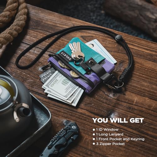 Image of VULKIT Small Minimalist Wallet for Women RFID Blocking, Zipper Coin Pouch with ID Window and Keychain, Water Resistant Travel Lanyard Wallet AauaGreen Purple