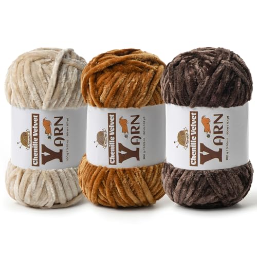 Image of 3 Pack Plush Chenille Chunky Yarn - Fluffy Velvet Yarn Crochet for Blanket Knitting and Crocheting - Soft Baby Yarns for Crocheting - Amigurumi Crochet Yarns 100g (87dy) (Beige+Brown+Coffee
