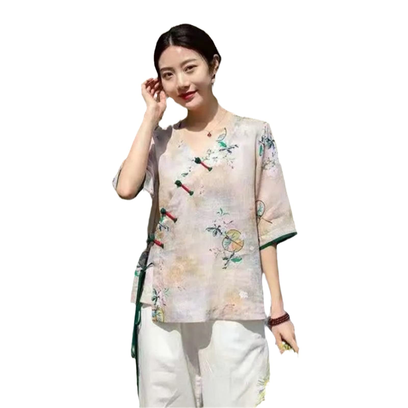 Bawełniana lniana koszula z kwiatowym nadrukiem dekolt w serek chiński styl tradycyjny damski Hanfu National Loose Women Tops Tang Suit