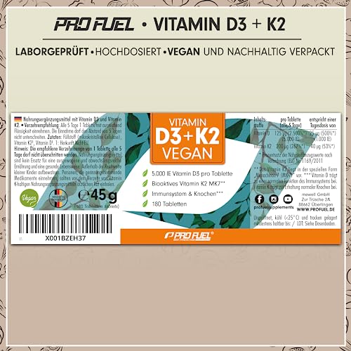 Vitamin D3 K2 VEGAN - 180 Tabletten mit 5000 IE D3 + 200 mcg K2 (MK7) - Vitamin D3 hochdosiert und vegan + Vitamin K2 in bioaktiver MK7-Form - laborgeprüft mit Zertifikat - Vorratspack: 180 Tabletten