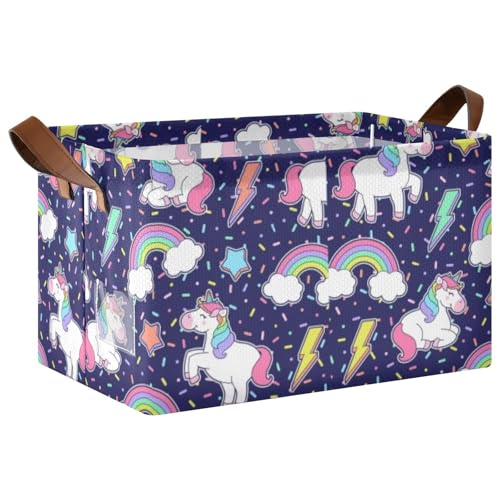 Purple Unicorn Rainbow Star Thunder Seamless with Sprinkles 1PC Rectangle Foldable Frame Basket Leather Handles Storage Bin for Laundry Bathroom Organizer M 16.9 x 11.4 x 10 inch