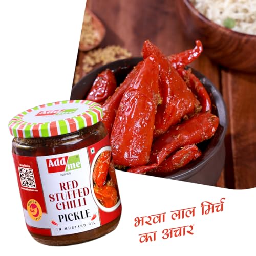 Image of Add me Red Stuffed Chilli Pickle 500gm | bharwa lal mirch achar in mustard oil| homemade lal mirchi ka achar with banarasi masala in glass jar