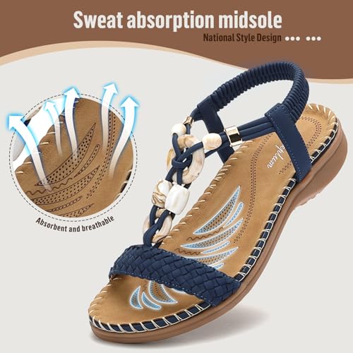 Image of Littleplum Women Sandals Arch Support Handmade Bohemian Braided Flat Sandals Comfort Walking Beach Ankle Elastic Summer Shoes