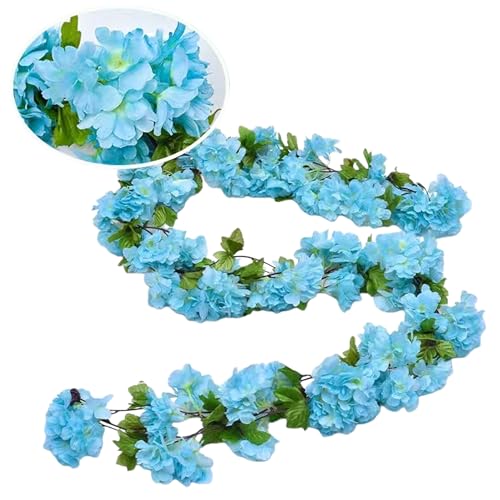 Flower Garland, Artificial Flowers, Blue Cherry Blossom Garland MINWEGI, 2 Pack 2.3M Pink Strawberry Pattern Flower Vines, Plastic Hanging Floral Decor for Home Wedding Party Commercial Space