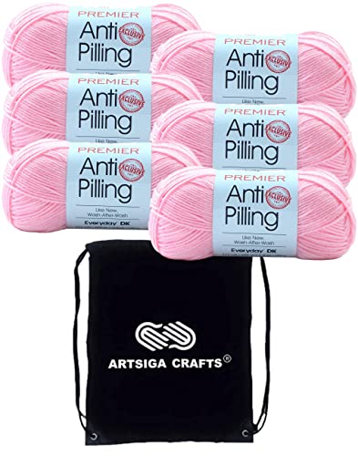 Image of Premier Yarns Anti-Pilling Everyday DK Baby Pink 1107-33 (6-Skeins-Same Dye Lot) DK Light Worsted #3 Anti-Pilling Acrylic Yarn for Crocheting and Knitting with Project Bag