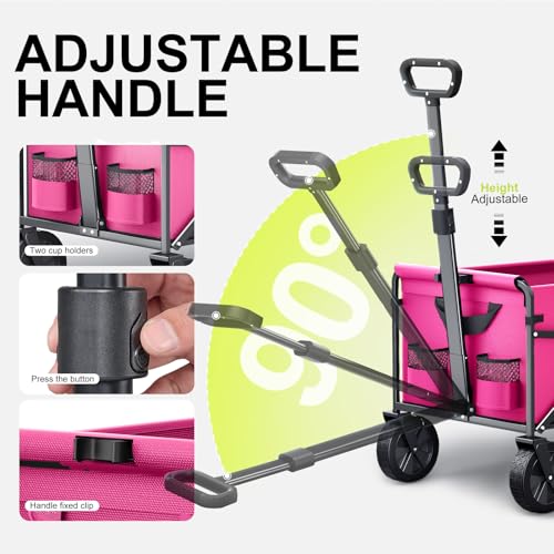 Collapsible Wagons Carts Foldable with Extended Tailgate, Folding Wagon Cart on Wheels, Portable Heavy Duty Shopping Carts for Groceries, Apartment, Garden, Camping, Sports, Outdoor (Pink)