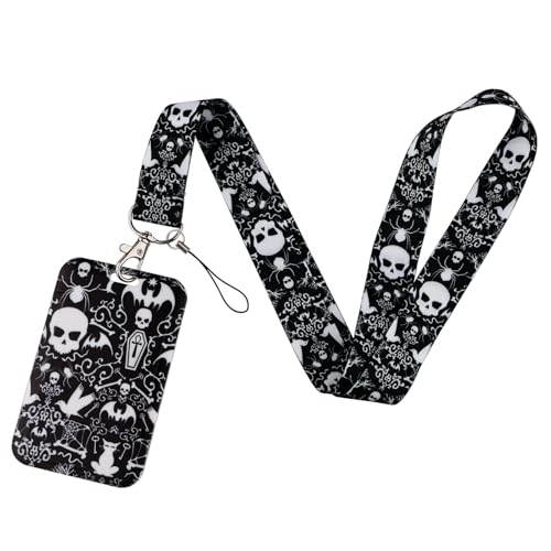 Cool Black Goth Skeleton Lanyard for ID Badges Skull Keychain Key Lanyards for Men Boys Silky Neck Lanyard with ID Holder