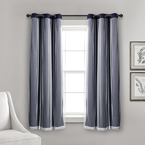 Lush Decor Sheer Grommet Curtains Panel with Insulated Blackout Lining, Room Darkening Window Curtain Set (Pair), 38" W x 63" L, Navy - Image 2