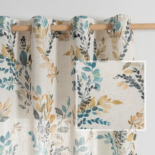 Image of MYSKY HOME Floral Linen Curtains 54 inch Length 2 Panels Set Leaf Patterned Semi Sheer Light Filtering Privacy Farmhouse Grommet Drapes for Bedroom Small Window, 52 inch Wide Each Panel, Yellow and Blue