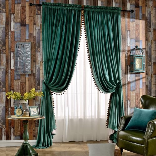 Image of Melodieux Pom Poms Velvet Blackout Wide Curtains for Living Room Patio Doors, Vintage Luxury Bedroom Rod Pocket Thermal Insulated Lined Drapes, 100 inch W x 96 inch L, Antique Green (2 Panels)