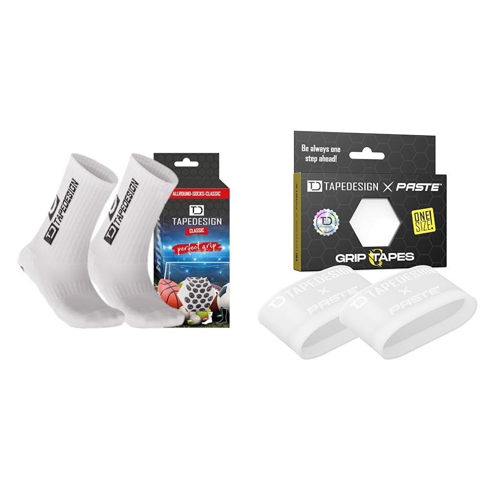 Tapedesign Unisex Allround Classic Socken, Weiß, Einheitsgröße EU & Schienbeinschonerhalter Grip Tapes aus Silikon, Fußball Männer, Frauen, Weiß - Halterung für Fussball Stutzen, Stutzentape
