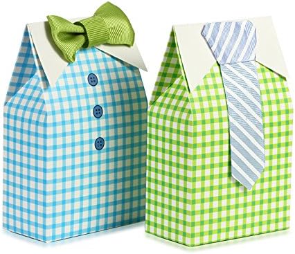 LinTimes 50 pcs My Little Man Candy Favor Boxes Boy Baby Shower Party Favor Boxes with Blue Green Bow Tie Ribbon Paper Candy Bags for Blue Green Gingham Party Decorations Supplies