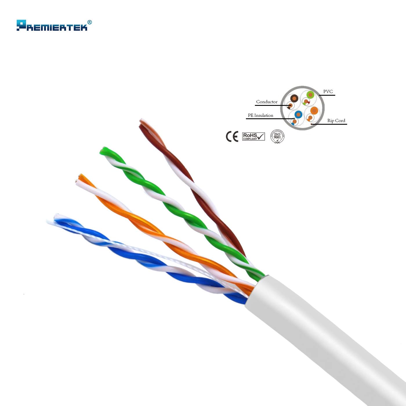 Premiertek 304,8 m CAT5e UTP 24 AWG CCA solido 4-pairs cavo di rete LAN Ethernet Bulk bianco (cat5e-1kft-w)