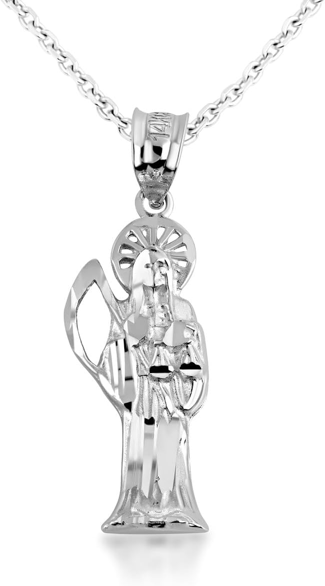Gold Sparkle-Cut Santa Muerte, Our Lady of Holy Death Necklace | 10K or 14K Yellow, Rose, or White Gold | Choice of Pendant Only or Chain Length