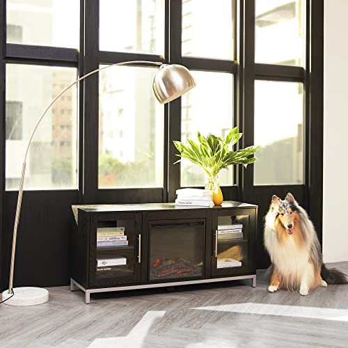 Versanora Lainey Metal Legs Electric Fireplace Wooden Tv Stand Storage Cabinet With Glass Doors And Adjustable Shelves For Tvs Up To 60 Inch, 54 Inch Width, Black #TOP2