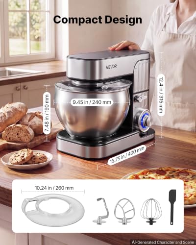 Image of VEVOR 7.4 Qt Tilt Head Stand Mixer 500W Electric Dough Mixer, 6 Speeds with Pulse Food Kitchen Mixer with Stainless Steel Bowl, Splash Guard, Dough Hook, Whisk, Beater, for Baking Mixing
