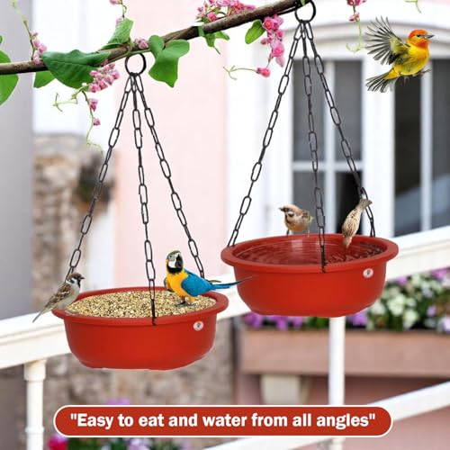 Image of GARDENS NEED 10 Inches Hanging Bird Feeder /Waterer Dish | Terracotta Plastic | Set of 2 | Round Bird Bath Station with Steel Chains & Hooks for Outdoor Garden, Patio & Balcony Decor