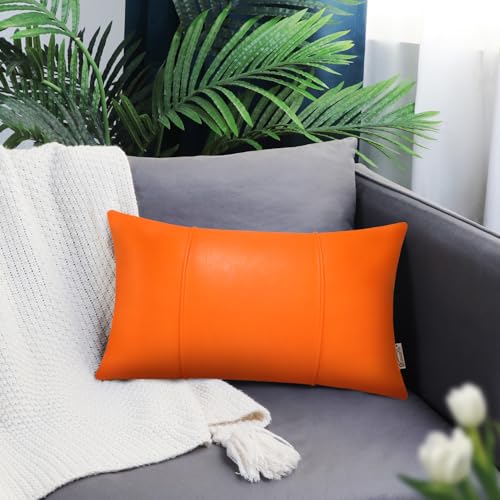 Image of BRAWARM Orange Leather Throw Pillow Covers 12 X 20 Inches - Faux Leather Lumbar Pillow Cover with Piping, Hand Stitched Leather Throw Pillow for Couch Sofa Bed Living Room Home Decorative