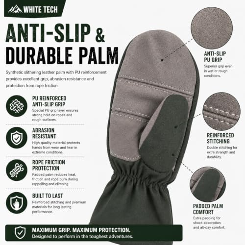 Image of White Tech Rappelling Mitten Gloves (6Pair) Slithering Mittens Gloves Heavy-Duty Leather Anti-Slip Lightweight Perfect for Zip line Climbing Activities & Military Training