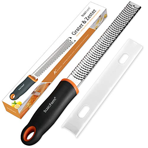 BasicForm Zester Rallador con hoja afilada de acero inoxidable, fácil rallado para queso limón, mango cómodo y cubierta protectora