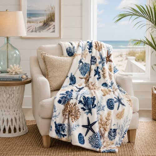 Ocean Coastal Shells Manta de Tirar, Azules Náuticos Beige sobre Blanco, 50x70 miniatura 3