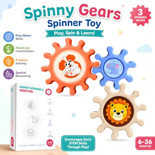 Image of Cable World Baby Gear Spinner Toys for Kids, Interlocking Spinning Gears with Animal Design, Sensory & Fine Motor Skill Toy, Educational STEM Learning Toy for Infants & Toddlers 6+ Months, Pack of 3