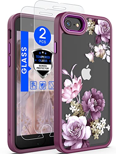 Dretal for iPhone SE 2022/2020 Case,iPhone 8/7 Case,with Tempered Glass Screen Protector Military Grade Drop Tested Hard Back & Soft Edge Slim Flower Women Girls Phone Protective Cover (Purple)