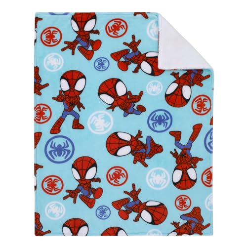 Image of Marvel Spidey Light Blue, Red and White Super Soft Sherpa Toddler Blanket