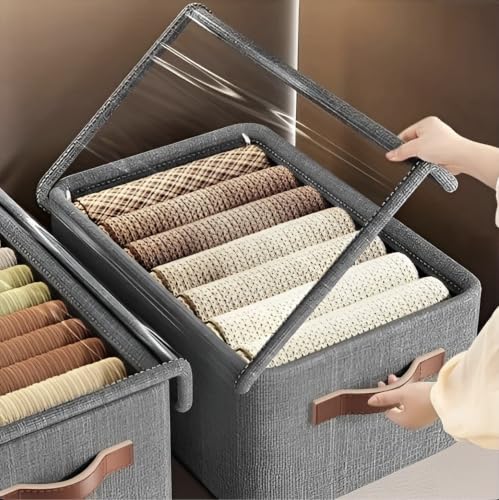 Foldable Transparent Linen Storage Box with Lid & Handle | Collapsible Design, Dual Handles, Space Saving Clothes & Toys Organiser (Grey Colour)