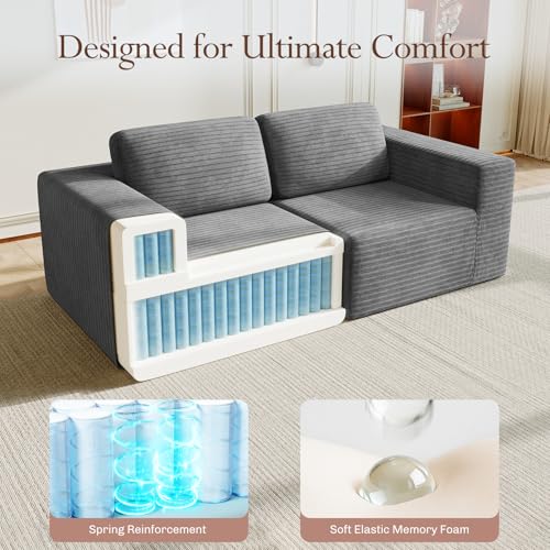 Image of Vesgantti 80 inch Modular Sectional Sofa, Corduroy Cloud Couch with Deep Seating & Spring Support, 2 Seater Compact Modular Couch, Boneless Sectional Sofa for Small Spaces, No Assembly Required, Grey