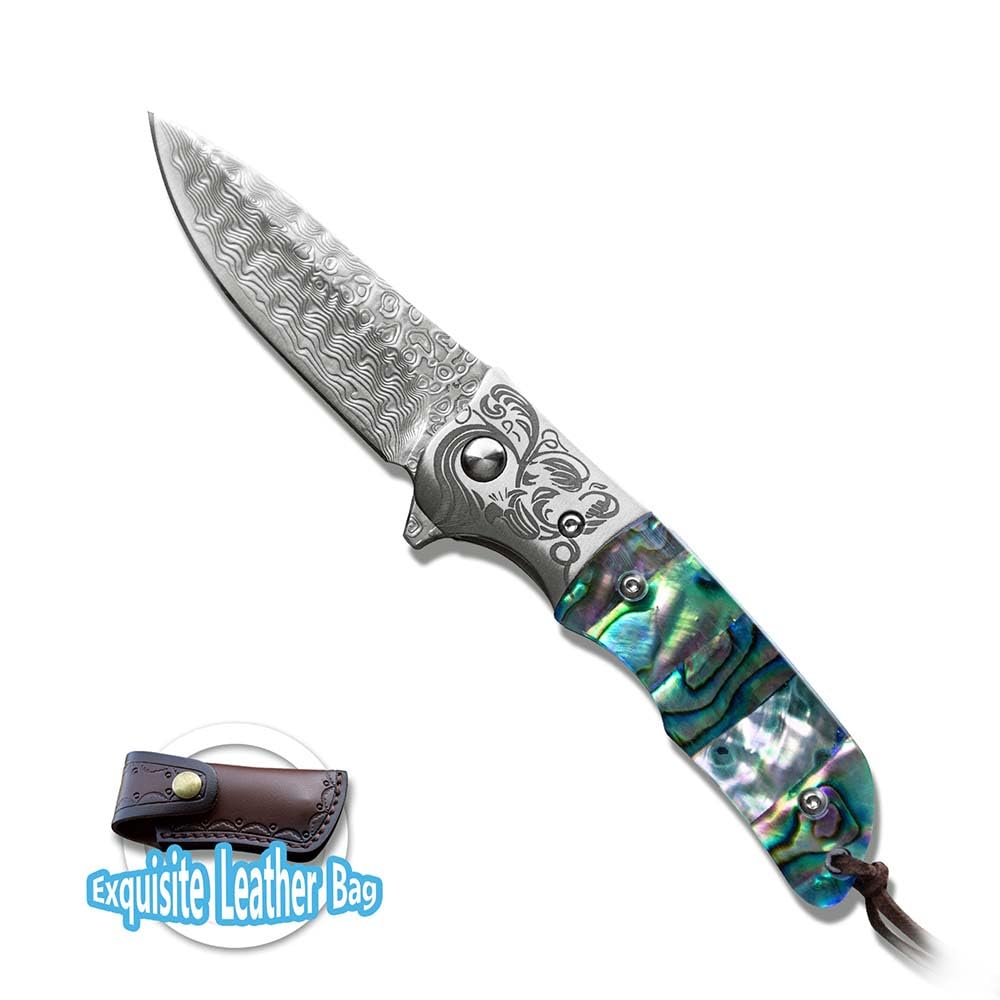 Klappmesser 6.6" klein EDC Taschenmesser Damast Aus Damaszener Damaststahl & Muschel Bunt Outdoor Messer Survival Jagdmesser Tanto Scharfes Einhandmesser, Damastmesser, rainbow Messer Mit clip Holster