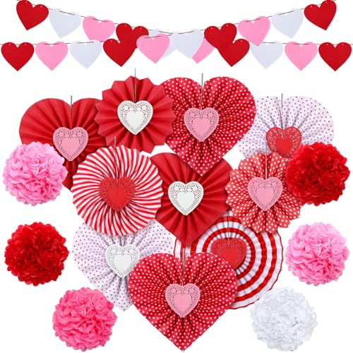 Kit kit de 28 décorations de Saint-Valentin avec guirlande pompons et éventails en papier