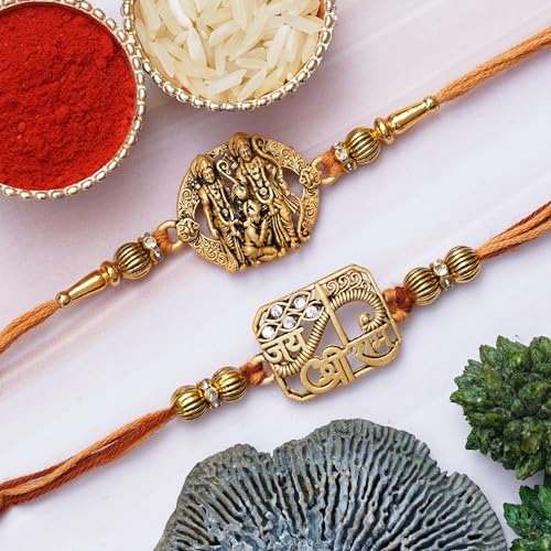 Image of eCraftIndia Set of 2 Green & Golden Shri Krishna and Radha Krishna Playing Flute Designer Religious Rakhis | Roli Chawal Pack | Rakhi for Brother