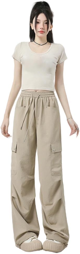 JYHBHMZG Women's Summer Lightweight Loose Fit High Waist Casual Wide Leg Hiking Cargo Pants Elastic Waist