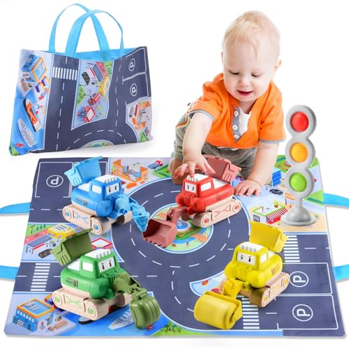 Image of Toyze Press and Go Car Toys for Toddlers 1-3, Baby Truck Vehicle Set with Playmat/Storage Bag Traffic Signal, First Birthday Gifts for Toddler Toys Age 1+