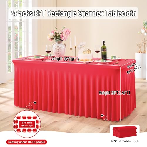 Image of Outpain 8ft Spandex Table Cloth for Standard Folding Tables-4Pack Red Table Cloth Table Protector for Party, Wedding, Cocktail, Banquet, Festival