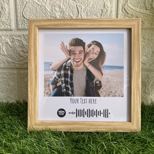 Image of JABSY Custom Wooden Theme TableTop Spotify Plaque Square Photo Frame Customized Photo Frame Music Plaque With Scannable Code & Text Message Birthday Wedding (Size-7X7 Inch)